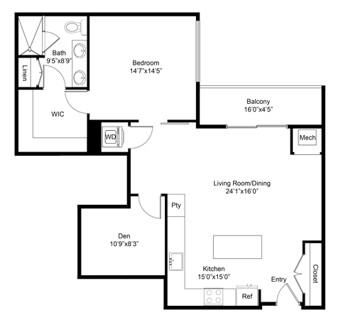 Floor plan for 1 bed, 1 bath, 1064 sqft
